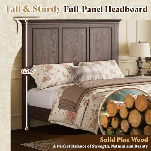 Solid Wood Queen Bed Frame with 65.2" High Headboard, view 5