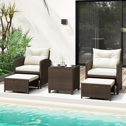 5 Pieces Patio Conversation Set, PE Wicker Outdoor Furniture Set with 2 Chairs, 2 Ottomans & Tempered Glass Coffee Table, Ideal for Poolside, Backyard, Lawn, Deck, Mix Brown & Off White