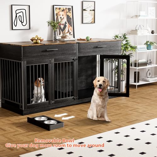 72" Double Dog Crate Furniture with Drawers and Divider, Black, view 5