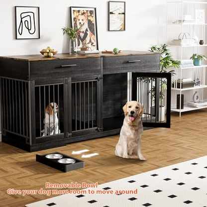 72" Double Dog Crate Furniture with Drawers and Divider, Black, view 5