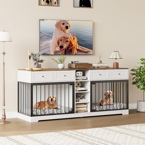 82" Double Dog Crate Furniture with Drawers and Shelves, White, view 7