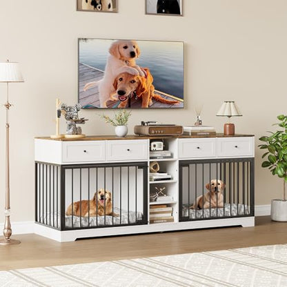 82" Double Dog Crate Furniture with Drawers and Shelves, White, view 7