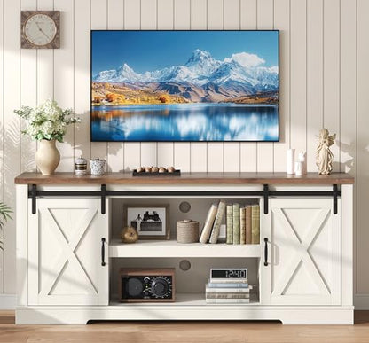 66” TV Stand for 65 Inch TV, Farmhouse Entertainment Center with Storage Cabinets and Adjustable Shelf & Feet, Modern TV Console Table for Living Room or Bedroom, Rustic White & Honey Brown