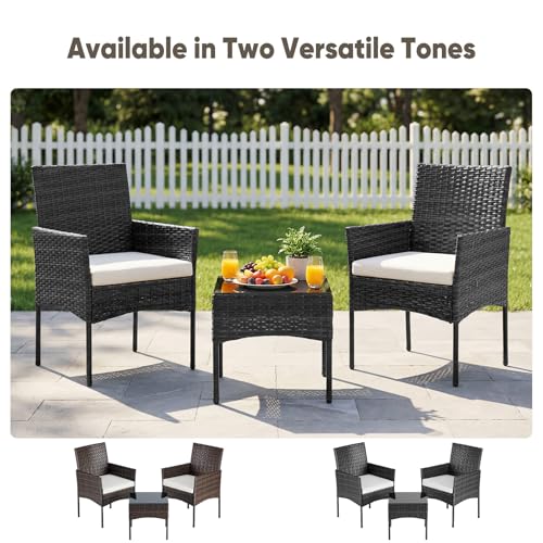 3-Piece Patio Furniture Set, All-Weather Outdoor Wicker Chairs with Removable Cushions & Tempered Glass Table, Small Bistro Set for Porch, Balcony, Lawn, Backyard, Black