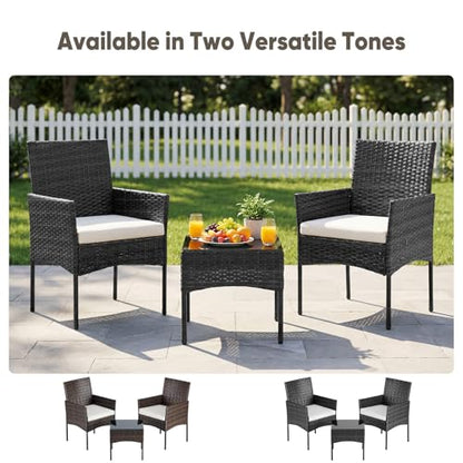 3-Piece Patio Furniture Set, All-Weather Outdoor Wicker Chairs with Removable Cushions & Tempered Glass Table, Small Bistro Set for Porch, Balcony, Lawn, Backyard, Black