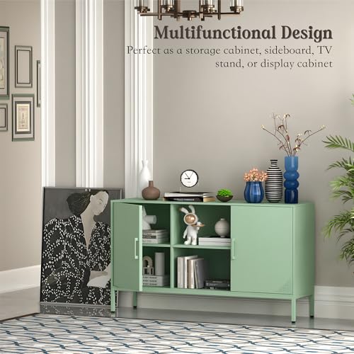 Metal Cabinet, High Capacity Green Buffet Cabinet Coffee Bar Sideboard with Adjustable Shelf, Pantry Drink Locker for Living Room, Kitchen, Bedroom, Dining Room, Entryway (Green)