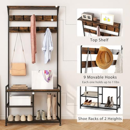 Coat Rack Shoe Bench, 3-in-1 Industrial Hall Tree w/Storage Bench & 9 Hanging Hooks, 3-Tier Wood Look Entryway Bench w/Metal Frame, Adjustable Foot Pads for Dorm, Apartment, Hall, Brown