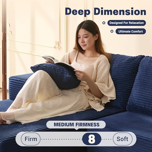 107" Boneless Couch with Deep Seat, Modular Sectional Sofa, Cloud Sectional Couch for Living Room, No Assembly Required, Corduroy, L-Shape Left, Blue