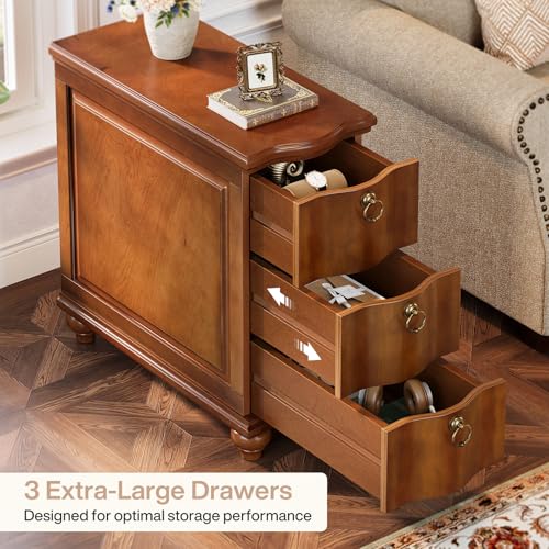 Tribesigns Wood Narrow End Table, Fully Assembled Walnut Nightstand | 3-Drawers Slim Side Table for Bedside, Small Spaces, Living Room, Bedroom, No Assembly Required