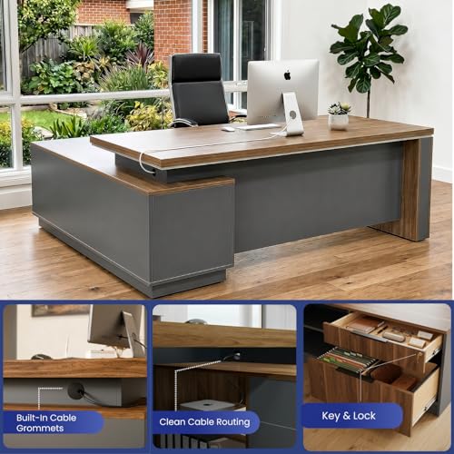 OfficeSimpli L Shaped Executive Desk with Drawers, Made in USA, 84x72x30 in, view 5