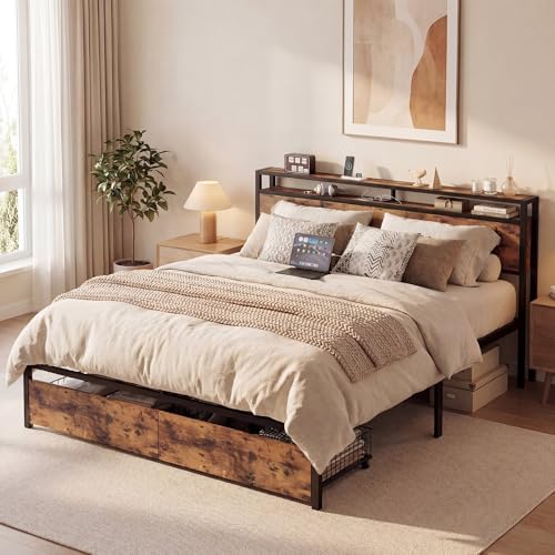 King Size Bed Frame with Headboard, 2 Drawers and Charging Station, view 7