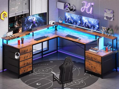 L Shaped Desk with 6 Drawer, 108" Home Office Desk with File Drawer & Power Outlet, Corner Computer Desk with Monitor Shelf, Two Person Desk, Gaming Desk with Led Lights, Rustic Brown