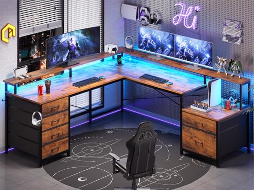 L Shaped Desk with 6 Drawer, 108" Home Office Desk with File Drawer & Power Outlet, Corner Computer Desk with Monitor Shelf, Two Person Desk, Gaming Desk with Led Lights, Rustic Brown