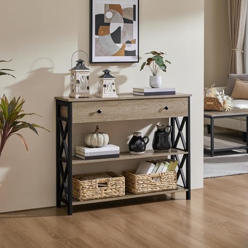 Console Table with Drawer, Entry Table with 3 Tier Storage, Gray, view 3