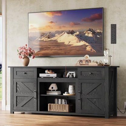 TV Stand for 75/70 Inch TV, Entertainment Center with Storage & Power Outlet, Farmhouse Media Console Cabinet with Drawers and Adjustable Shelves for Living Room, Black