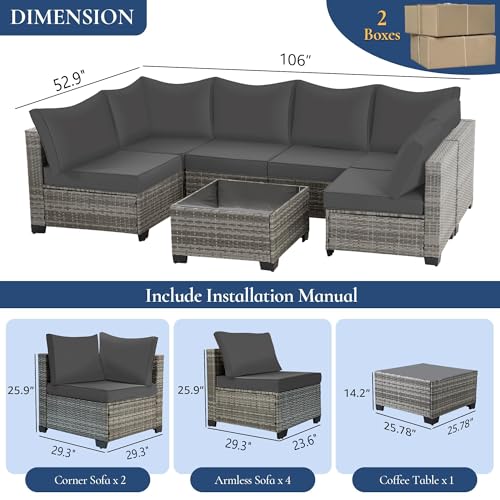 7 Piece Outdoor Wicker Patio Furniture Set, Grey/Dark Grey | Sectional Sofa | All-Weather Hand-Woven Rattan | Tempered Glass Coffee Table | Free Combination | Indoor & Outdoor Use