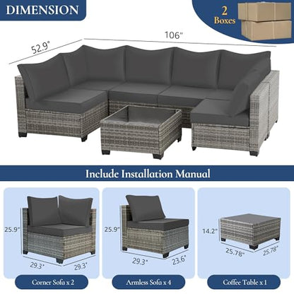 7 Piece Outdoor Wicker Patio Furniture Set, Grey/Dark Grey | Sectional Sofa | All-Weather Hand-Woven Rattan | Tempered Glass Coffee Table | Free Combination | Indoor & Outdoor Use