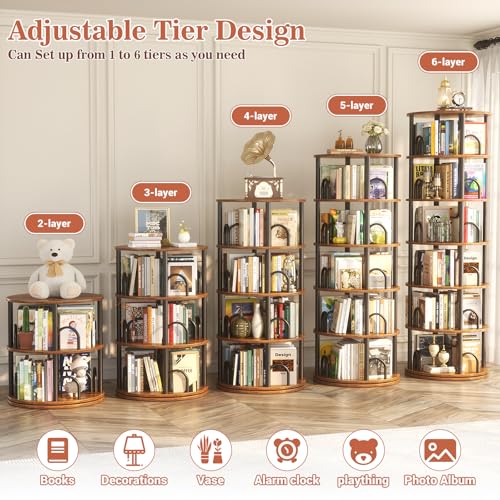 6 Tier Rotating Bookshelf Tower, Revolving Bookcase, Rustic Brown, view 6