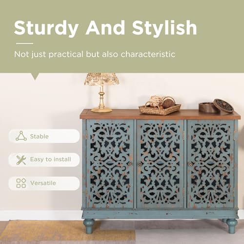 Accent Wood Storage Cabinet with 3 Doors, Large Farmhouse Buffet Sideboard Carved Decorative Storage Cabinet for Living Room Entryway Hallway, 13" Dx41.7 Wx31.5 H, Blue