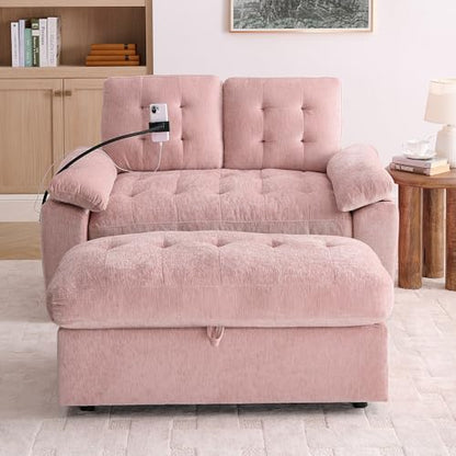 2 Seater Upholstered Loveseat Sofa with Storage Ottoman Phone Mount and Side Pocket Tufted Accent Couch, Pink