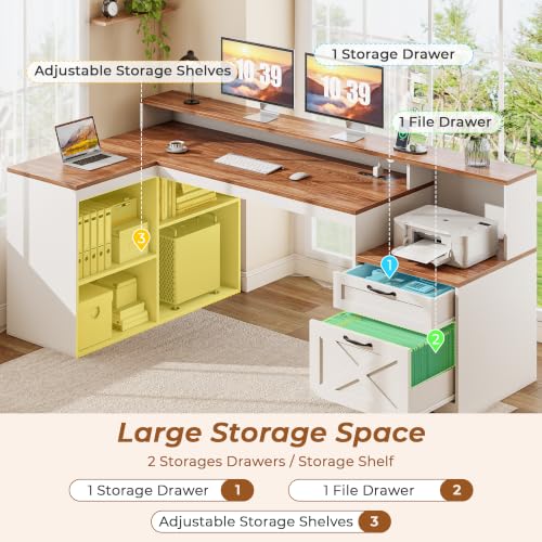 59" Farmhouse L Shaped Desk with Drawers Monitor Stand, Power Outle, view 4