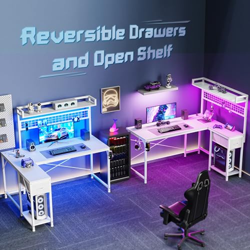 L Shaped Gaming Desk with Shelves, Corner Computer Table with LED Lights, Power Outlets and USB-C Ports, 50 Inch Reversible Home Office Desk with Storage Drawer, for Work and Study, White