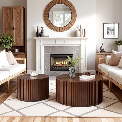 Round Wood Coffee Table Set of 2, Handcraft Drum Side Table End Table for Living Room, Modern Circle Wooden Coffee Table Set for Small Space, No Need Assembly(Espresso,31x31x16 in)