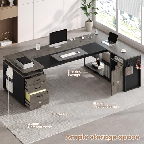 78" Executive Desk with Lockable File Cabinet, L Shaped Office Desk with Power Outlets, Large Executive Desk with Drawers and Storage Shelves, Reversible Computer Desk with Privacy Screen, Grey