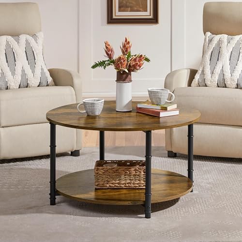 Round Coffee Table with Storage Shelf, 2-Tier 31.5" Rustic Brown, view 2
