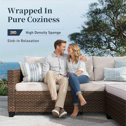 Patio Furniture Set Outdoor Furniture Brown Wicker Rattan Patio Conversation Sets with Cushion Outside Sofa Set,6 Pieces with Rectangular Firepit Table,7 Seats,Beige