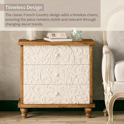 3 Drawer Farmhouse Dresser with Embossed Weathered Flower Motif, Vintage Nightstand for Bedroom, Almost Fully-Assembled, Boho, Natural Wood, White