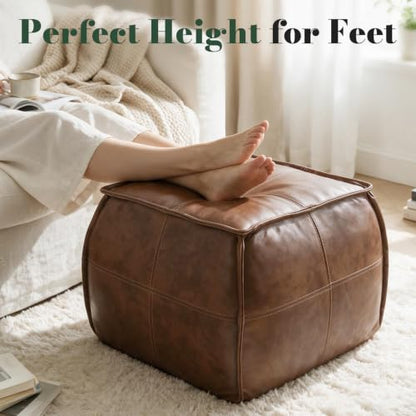Genuine Leather Ottoman, Square Pouf Footstool (Square, Brown), view 5