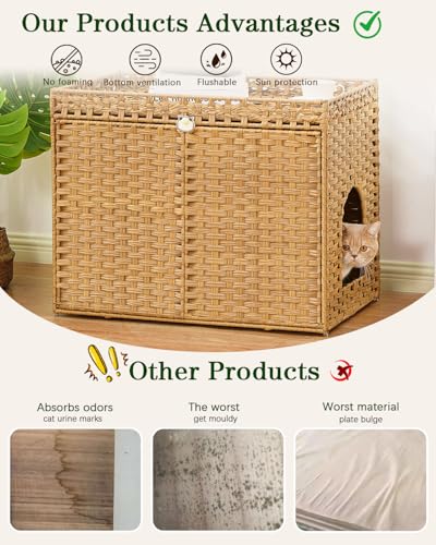 Cat Litter Box Enclosure Furniture, Handwoven Rattan Hidden Litter Box with Mat, Large Space Cat House with 2 S-Shaped Hooks 30.3 x 18.3 x 24.4 Inches, Indoor for Living Room Apartment Natural