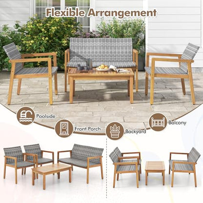 4 Pieces Outdoor Furniture Set, Acacia Wood Frame Sofa Set w/Rattan Seat & Back, Patio Conversation Set w/Coffee Table for Balcony, Poolside, Backyard (Mix Gray)