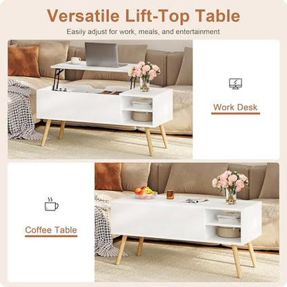 White Coffee Table Lift Top - Coffee Table with Solid Wood Legs, Hidden Storage Compartment & Open Shelves - 40" Lift Up Coffee Tables for Living Room