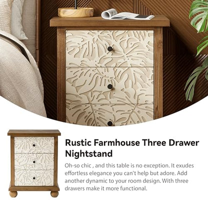 Farmhouse 3-Drawer Nightstand with Leaves Pattern Carved, Set of 2 Vintage French Country End Table for Bedroom, Living Room, Distressed Finish, White & Brown