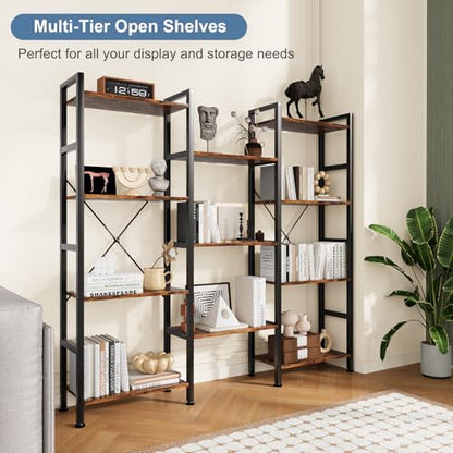 Triple Column 4 Tier Bookshelf with Adjustable Shelves, Wide Convertible Display Unit, Industrial Bookcase for Living Room & Home Office, Sturdy Freestanding Storage Decor Organizer, Rust