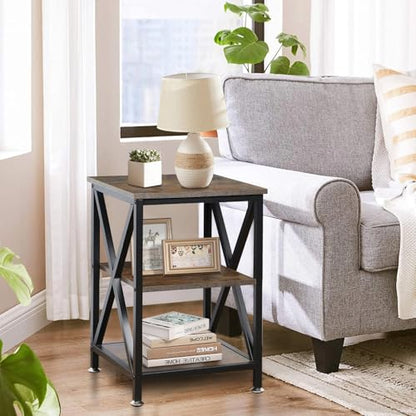 Square End Tables Living Room Set of 2, 16" D x 16" W x 24" H, Rustic Brown | Rustic End Tables Living Room with Storage Shelf, Side Tables with Steel X-Shaped Frame, Farmhouse Nightstand Wood and Metal