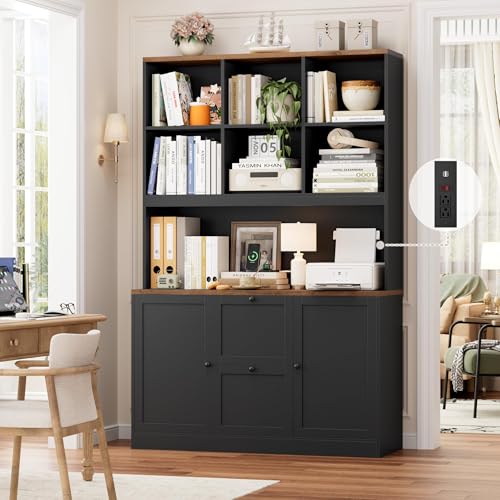 72'' Tall File Bookcase with Power Outlet & Printer Stand, 2 Drawer Filing Cabinets for Home Office Fit Hanging A4 File, Storage Cabinet w/ 3 Tier Open Book Shelf & Doors for Living Room, Black