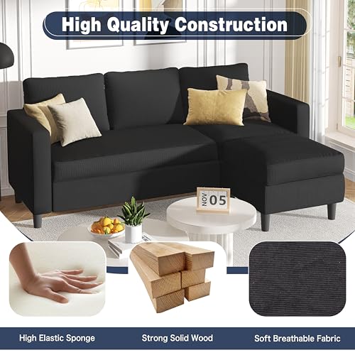 L Shaped Sectional Sofa Couch,Convertible Modular Sofas with Movable Ottoman,3-Seat Upholstered Corduroy Couch,Small Couches for Living Room,Apartment,Office(Black)