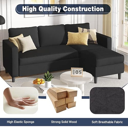 L Shaped Sectional Sofa Couch,Convertible Modular Sofas with Movable Ottoman,3-Seat Upholstered Corduroy Couch,Small Couches for Living Room,Apartment,Office(Black)