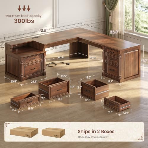 72.8" Large L Shaped Executive Desk with 5 Storage Drawers & Charging Station, view 3