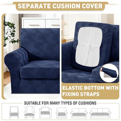 2 Pieces Chair Covers with Arms, Stretch Chair Slipcovers for Living Room, Washable Chair Couch Cover Slipcovers for Dog, Pets Feature Geometrical Jacquard Fabric (Chair, Navy Blue)