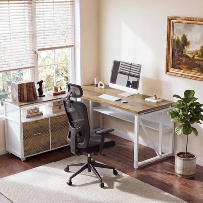 63" Executive Desk with Drawer Cabinet, L-Shaped Desk, Walnut, view 8