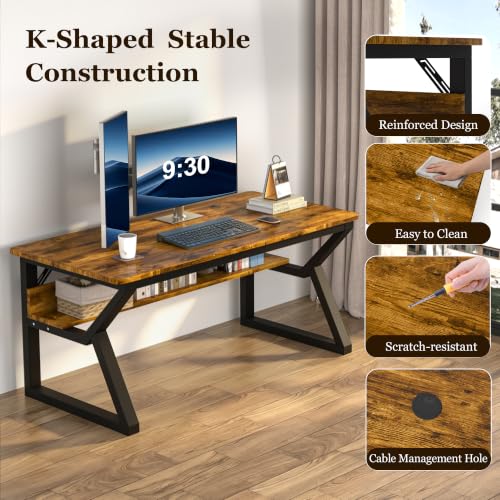 Computer Desk, Office Desk with Storage(55 x 19.7 in, Rustic Brown), view 6