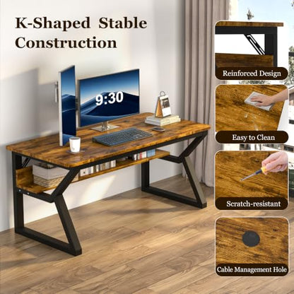 Computer Desk, Office Desk with Storage(55 x 19.7 in, Rustic Brown), view 6