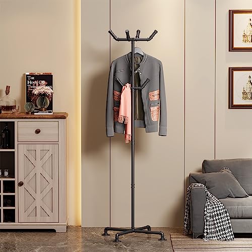 Industrial Coat Rack,Metal Pipe Coat Rack Stand Freestanding with 6 Hooks,Heavy Duty Coat Tree Sturdy Coat Racks for Entryway, Hallway, Bedroom (Black)