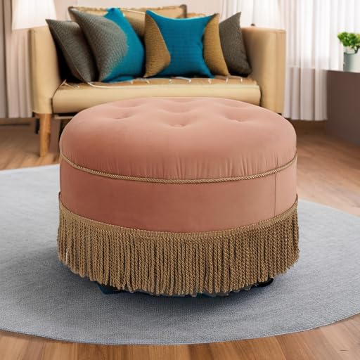 Jennifer Taylor Home Yolanda Upholstered Round Accent Ottoman, Peach Orange Velvet with Gold Trim