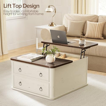 31.5" Lift Top Coffee Table with Storage,Square Coffee Tables with Lifting top for Living Room,Farmhouse Coffee Table with Storage Drawers and Large Hidden Compartment,Rustic White+Walnut