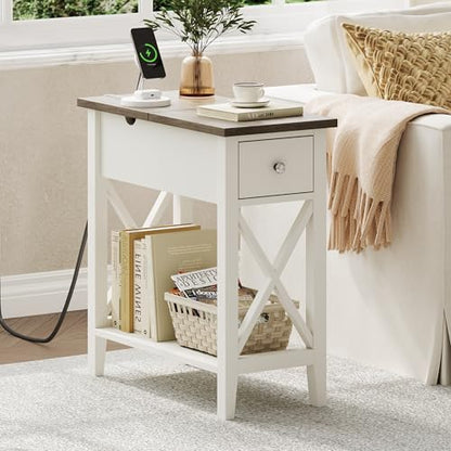 Farmhouse End Table with Charging Station, Accent Small Side Table Nightstand for Living Room, Bedroom, and Small Spaces, Soft White